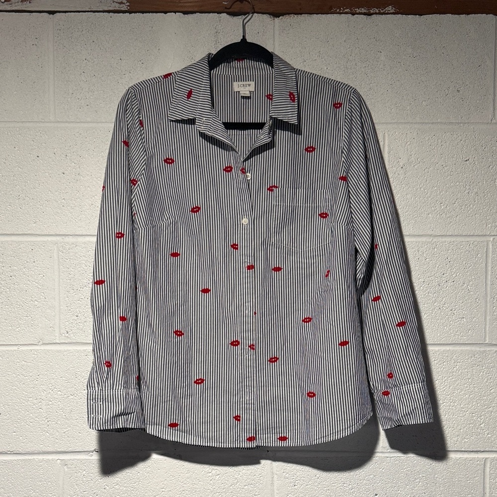 J. Crew Navy & White Striped Button-Down with Red Lip Motif